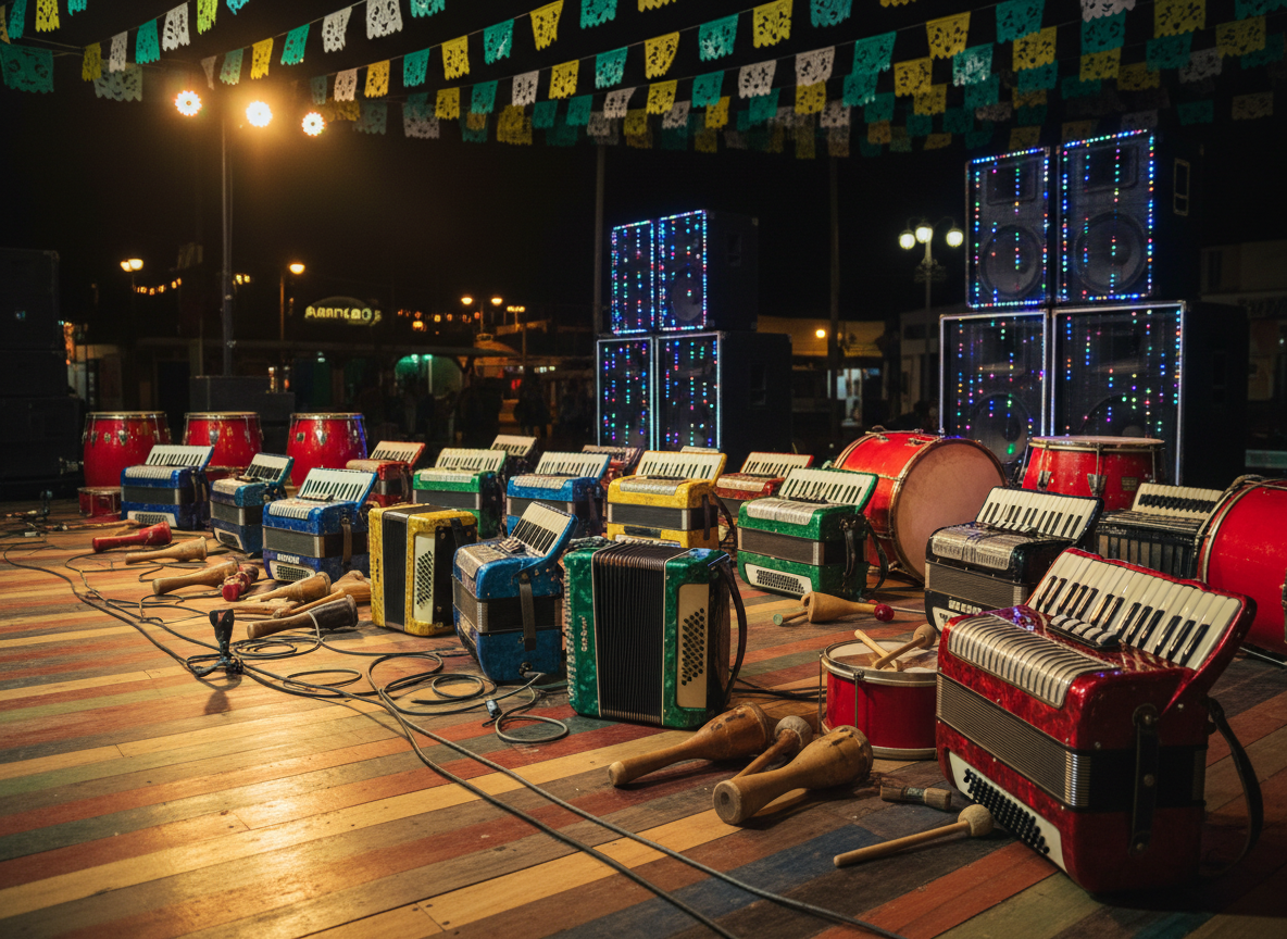 A vibrant wooden stage in a small Chaco town plaza at night, covered with glossy, colorful accordions, well-worn güiros, bright red bombo drums, and tangled microphone cables, all resting and ready for cumbia chaqueña. Behind them, towering speaker stacks glow with tiny LED lights. Festive papel picado banners in yellow, green, and blue flutter above. Warm, golden stage spotlights cast playful reflections on the polished instruments, while distant streetlights create soft bokeh in the background. Photographic realism with a slightly low angle and shallow depth of field emphasizes the instruments in front, conveying an energetic, joyful atmosphere that promises music and dancing.