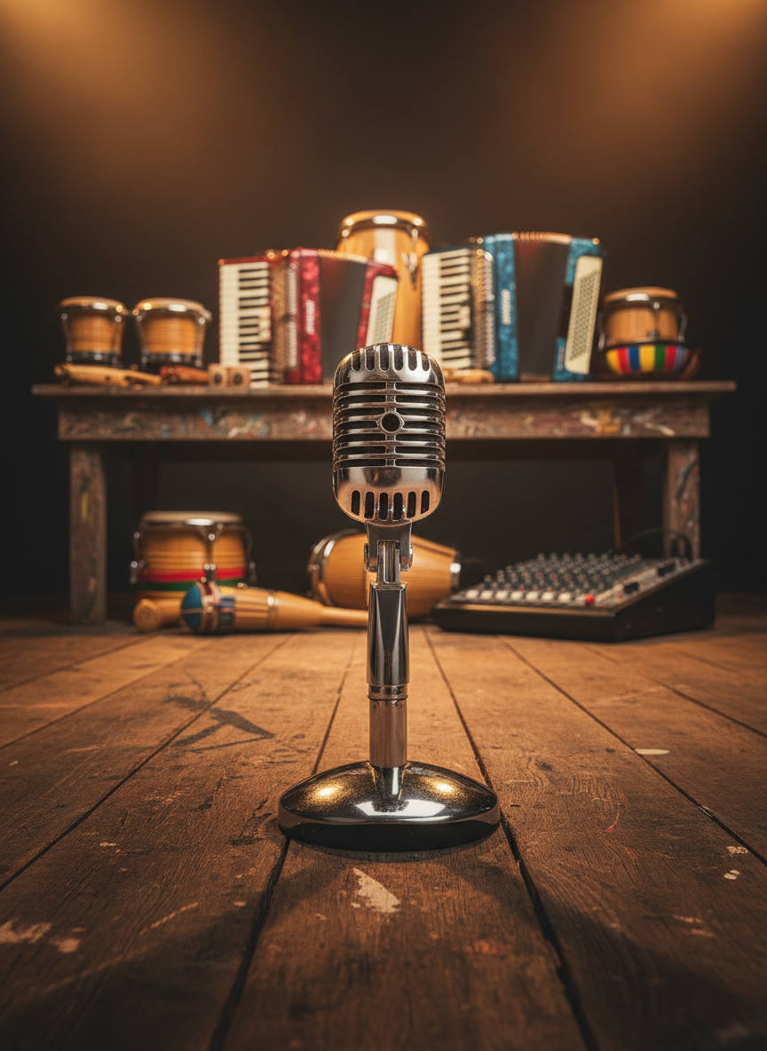 A close-up of a vintage chrome microphone on a sturdy stand at the edge of a rustic wooden stage in Chaco, its metallic grille catching the warm amber glow of stage lights. In the blurred background, colorful percussion instruments, accordions, and an old-fashioned mixer sit atop a scuffed table, hinting at a cumbia chaqueña rehearsal about to begin. Soft, directional lighting from above creates gentle highlights on the microphone and subtle shadows along the wood grain. Photographic realism with a centered composition and shallow depth of field creates an intimate, nostalgic yet playful mood, perfect for a music blog header image.
