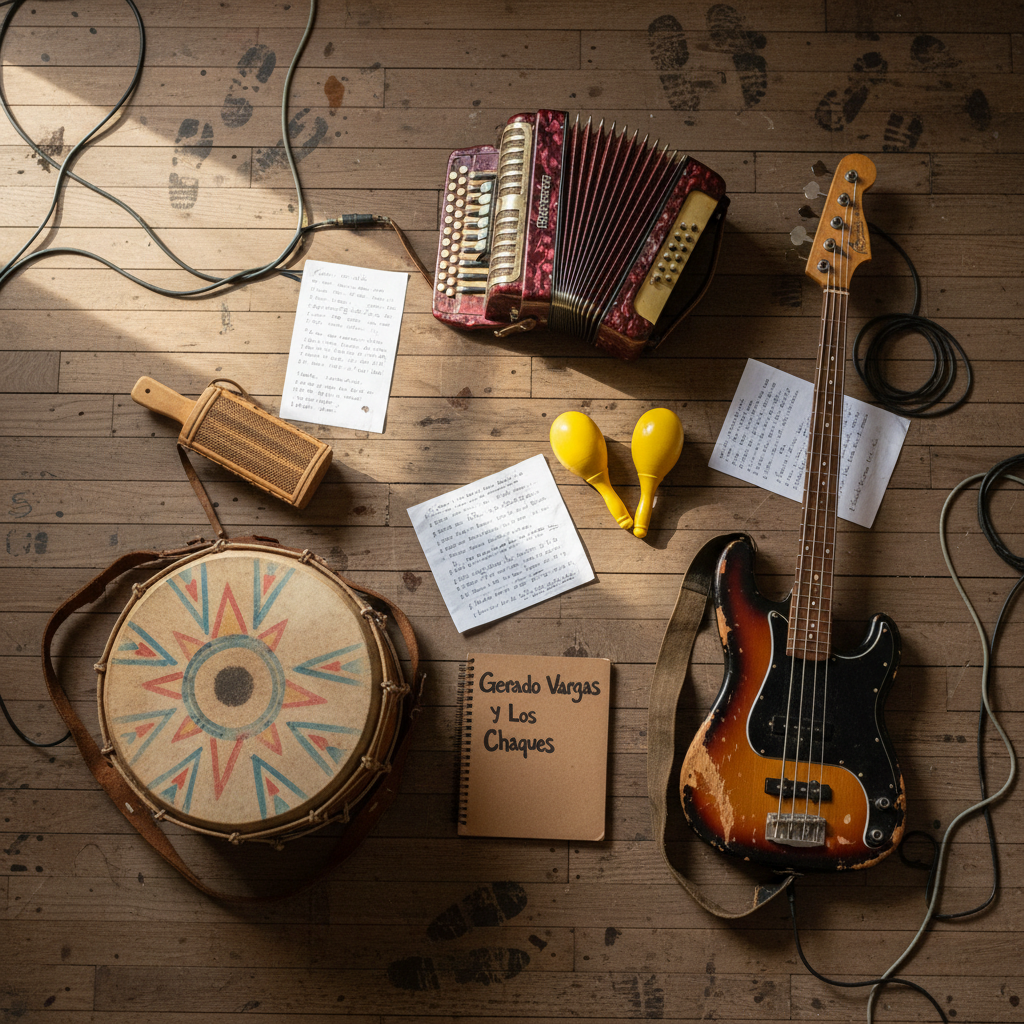 An overhead, photographic view of a worn rehearsal room floor in the Chaco province, where neatly arranged cumbia chaqueña instruments form a loose circle: a deep red accordion with pearly buttons, a scratched bass guitar, bright shakers, a güiro with its wooden scraper, and a bombo legüero with faded painted patterns. Scattered handwritten lyric sheets and a dog-eared notebook with “Gerardo Vargas y Los Chaques” on the cover lie between cables that snake across the floor. Soft afternoon light enters from an unseen window, creating long, gentle shadows and a calm, creative atmosphere, captured with sharp focus throughout for a documentary yet playful feel.