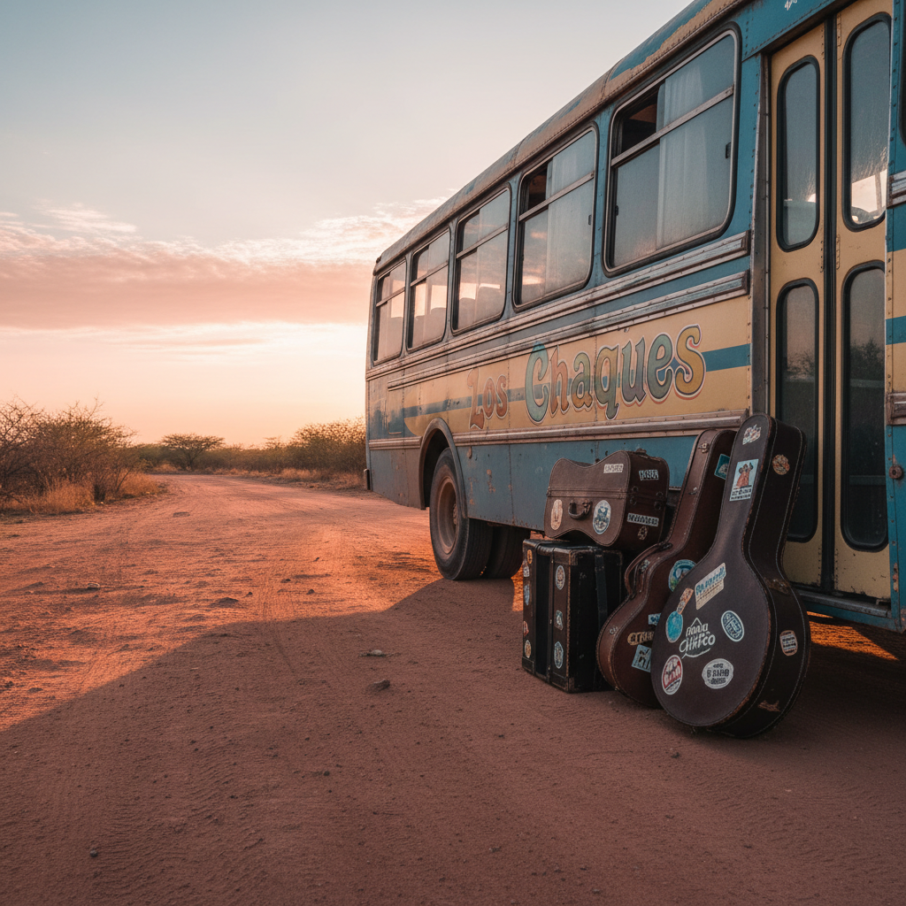 A quiet dawn scene on a dusty Chaco roadside, captured in photographic realism, where a weathered tour bus with “Los Chaques” hand-painted in playful script along its side is parked under a pale pink and orange sky. Leaning against the bus, several instrument cases—accordion, guitar, and bombo—show stickers from small towns and peñas across the region. Soft, early morning light creates long, gentle shadows on the reddish dirt and a subtle reflection on the bus windows. Shot from a three-quarter angle with a moderate depth of field, the mood is hopeful and nostalgic, suggesting the playful, wandering life of a cumbia chaqueña band between shows.