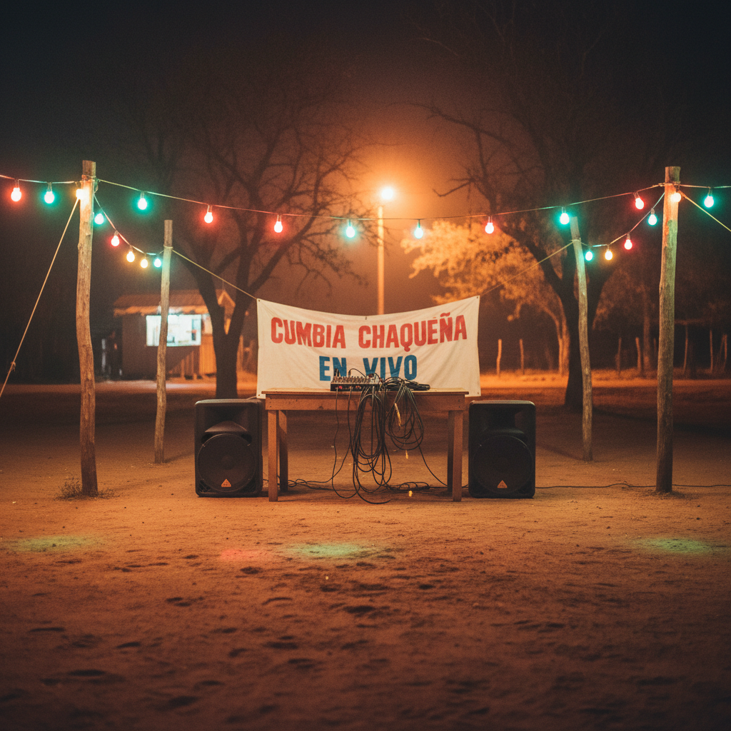 A nighttime roadside peña setting in rural Chaco, shown in photographic realism from a wide, eye-level perspective. A simple wooden table holds a compact sound mixer, coiled cables, and a pair of rugged stage monitors, while just behind it a weathered banner reading “Cumbia Chaqueña en Vivo” flutters slightly in the warm breeze. Multicolored festival lights are strung between rough wooden posts, casting playful red, green, and yellow hues across red dirt ground and creating a lively patchwork of shadows. In the distance, blurred silhouettes of trees and a small kiosk are softly illuminated by sodium streetlights, evoking an inviting, festive, and slightly improvised atmosphere.