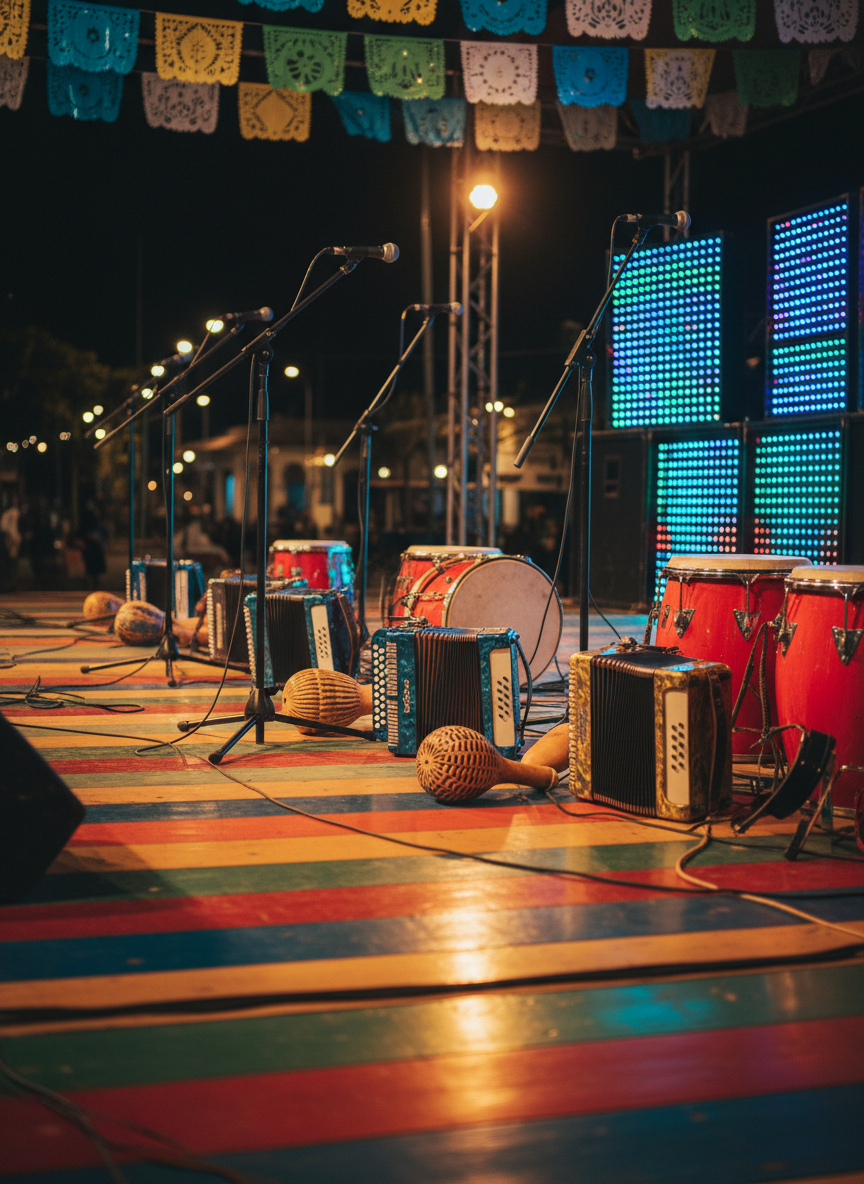 A vibrant wooden stage in a small Chaco town plaza at night, covered with glossy, colorful accordions, well-worn güiros, bright red bombo drums, and tangled microphone cables, all resting and ready for cumbia chaqueña. Behind them, towering speaker stacks glow with tiny LED lights. Festive papel picado banners in yellow, green, and blue flutter above. Warm, golden stage spotlights cast playful reflections on the polished instruments, while distant streetlights create soft bokeh in the background. Photographic realism with a slightly low angle and shallow depth of field emphasizes the instruments in front, conveying an energetic, joyful atmosphere that promises music and dancing.