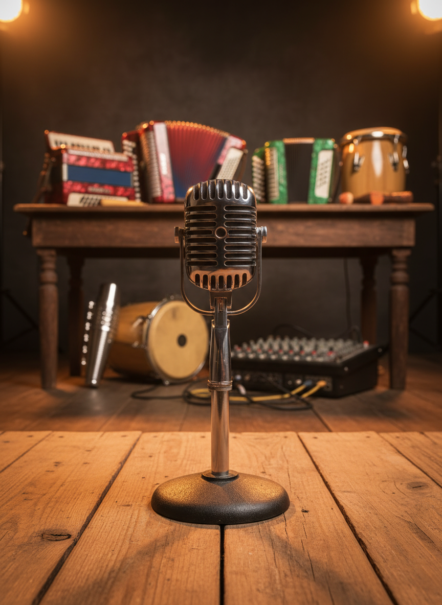 A close-up of a vintage chrome microphone on a sturdy stand at the edge of a rustic wooden stage in Chaco, its metallic grille catching the warm amber glow of stage lights. In the blurred background, colorful percussion instruments, accordions, and an old-fashioned mixer sit atop a scuffed table, hinting at a cumbia chaqueña rehearsal about to begin. Soft, directional lighting from above creates gentle highlights on the microphone and subtle shadows along the wood grain. Photographic realism with a centered composition and shallow depth of field creates an intimate, nostalgic yet playful mood, perfect for a music blog header image.