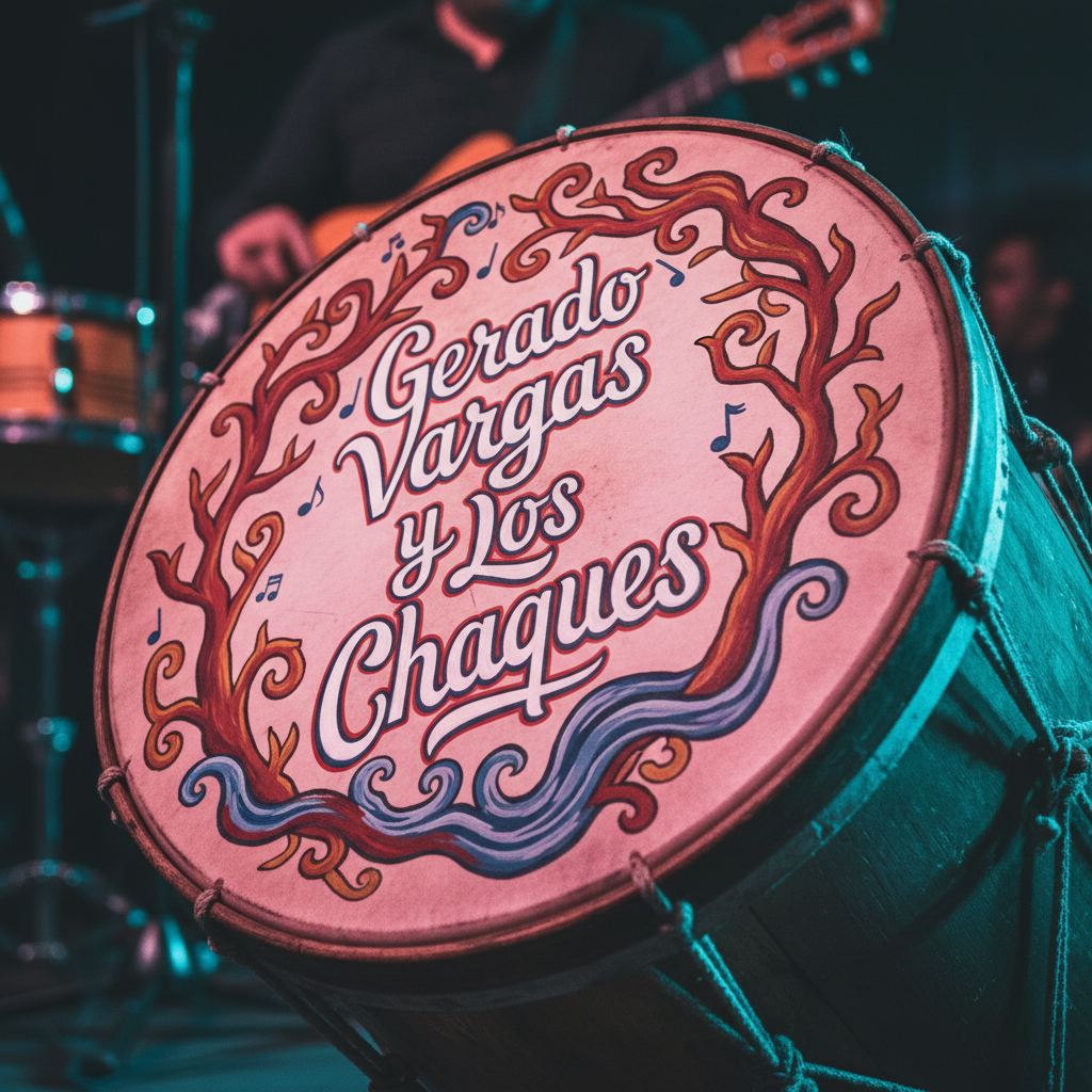 A detailed close-up, photographic shot of a custom bombo legüero painted with the words “Gerardo Vargas y Los Chaques” in bold, hand-lettered script, surrounded by swirling folkloric patterns inspired by the Chaco landscape: stylized quebracho trees, river waves, and tiny dancing notes. The wood surface is slightly worn and matte, with visible grain and small nicks from years of shows. Colored stage lights from the side wash the drum in alternating magenta and cyan tones, casting a dramatic, playful contrast and deep shadows around the tension ropes. Captured with a low-angle composition and shallow depth of field, the image feels bold, iconic, and full of local pride.